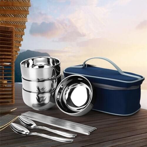 Stainless Steel Cutlery Travel Outdoor Camping Utensils Set Foldable Flatware Chopsticks Spoon Bowl Dinnerware Kit For Picnic