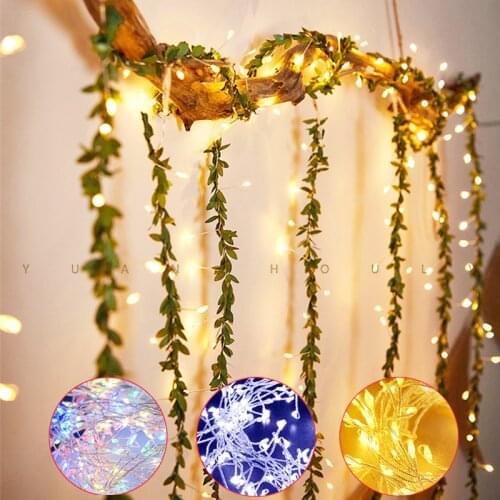 LED Copper Wire String Light Firecracker Fairy Garland Light Artificial Green Leaf Vine Lamp Wedding Party Lamp Battery Operated