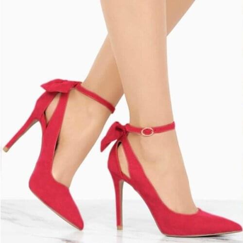 Womens Pumps Pointed Toe Bowknot 11cm Thin Heels Sexy Ankle Strap High Women Shoes Female Wedding Stilettos