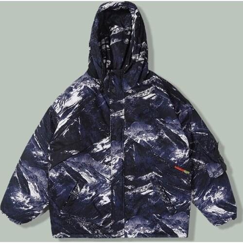 Hip Hop Snow Mountain Print Outdoor Mountaineering Parka Men Harajuku Streetwear Camouflage Printing Parka Winter Thicken Jacket