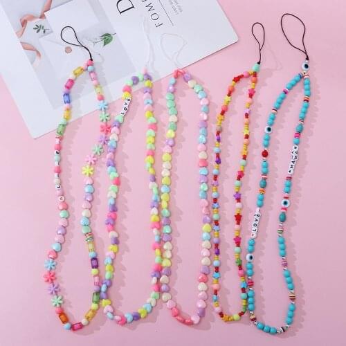 2021 Universal Phone Hanging Rope Strap Mobile Bead Chain Multicolor Bracelet Acrylic Long Chain Strap Lanyard for Keys Gift