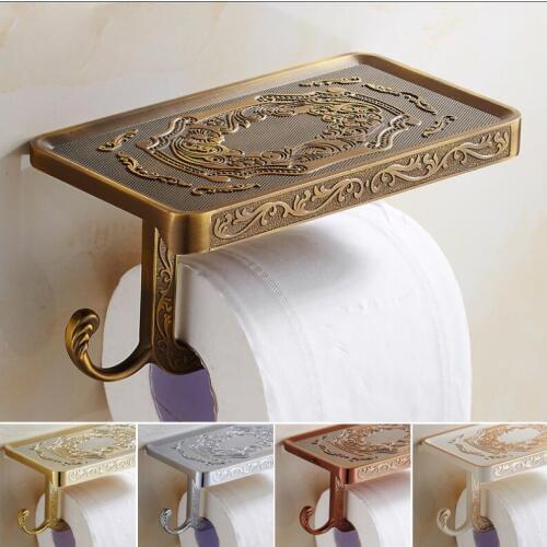 Vidric 5 colors Bathroom Shelves Antique Carving Toilet Roll Paper Rack with Phone Shelf Wall Mounted Bathroom Paper Holder Hook