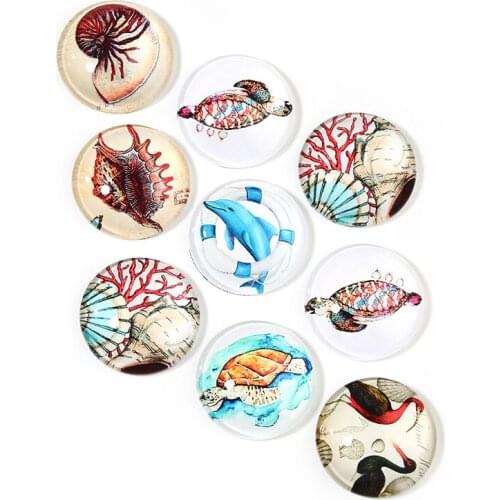 Xinyao 20Pcs 10mm 12mm 14mm Marine Life Pattern Glass Cabochon Tray Pendant Accessories for DIY Jewelry Making