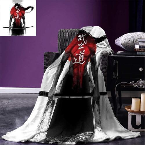Japanese Throw Blanket Samurai Figure Sunburst Background Ronin Japan Indigenous Cultures Theme Warm Microfiber Blanket