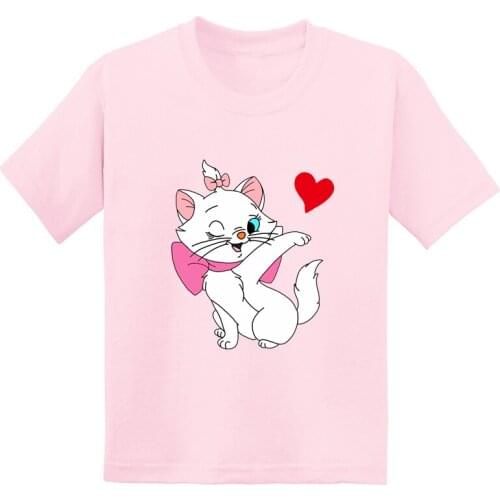 Marie Cat Kiss Print Cartoon Funny Girls T Shirt Cute Kids Clothes Baby Summer Casual Tees Cotton Short Sleeve Children T-Shirt