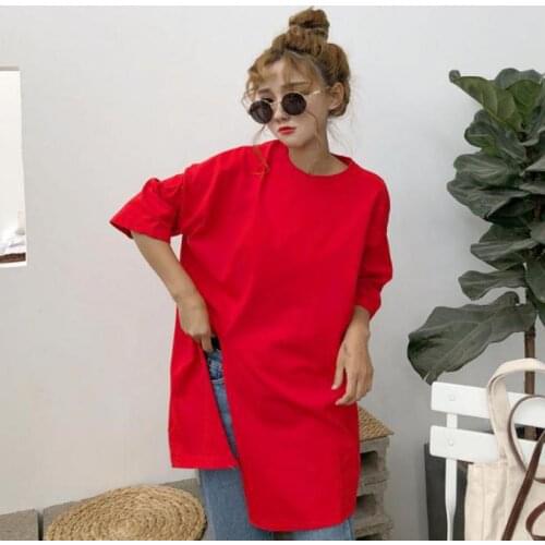 2020 Summer New Arrival Korean Style Loose Split Fork Short Sleeve Women T Shirt Long Solid Color Casual Tees Free Shipping