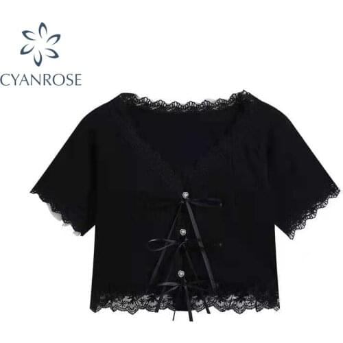 2021 New Fashion Short Sleeve Women Blouse V-collar bow Lace Patchwork Shirt Streetwear Sexy Female Chic Vintage Crop Tops Goth