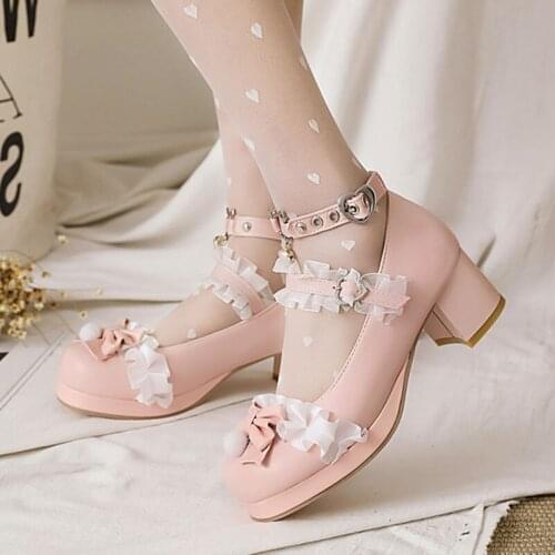 COOLULU Ankle Strap Women Shoes Platform High Heels Bow Thick Heel Pumps Buckle Female Footwear Lolita Cosplay Pink Big Size 48