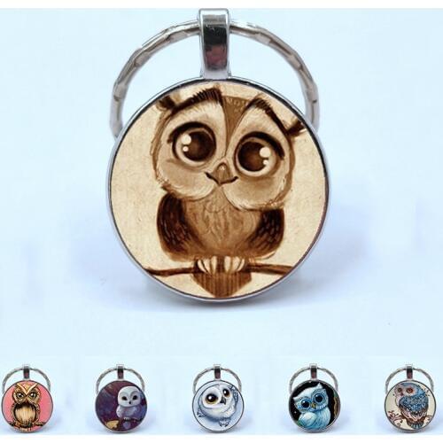 2019 Adorkable Owl Pendant Keychain Big Eyes Cute Bird Retro Picture Double sided Glass Cabochon Pendant Keychain