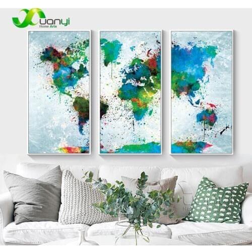 3 Panel Map Vintage Watercolor World Map Painting Modular Wall Picture For Living Room Wall Decoraction Painting Art Unframed