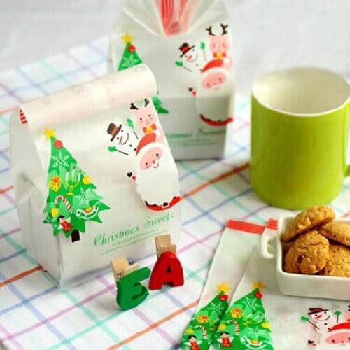 50pcs Stand Up Christmas Tree Santa Claus Gift Bag Merry Christmas Cellophane Bag Cute Cookies Biscuit Cake Plastic Bag for Xmas