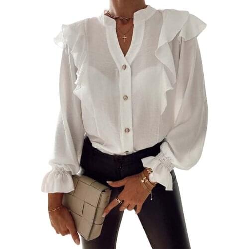 White Long Sleeve Ruffled Women Blouse Autumn Sexy V-neck Single-Breasted Elegant Office Blouse Slim Plus Size Tops And Blouses