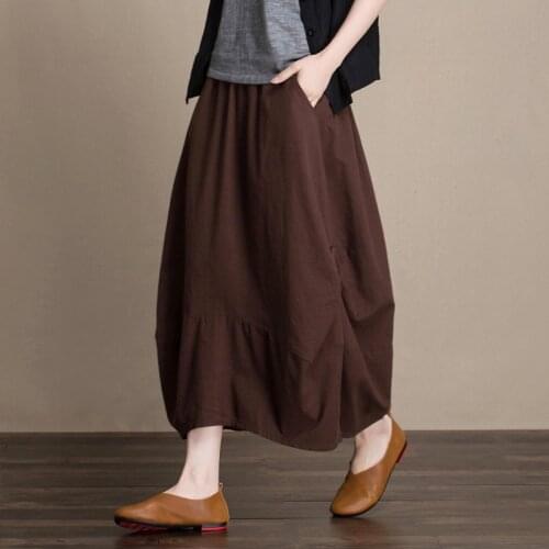 Free Shipping 2020 New Vintage Long Mid-calf Skirts Women Elastic Waist Summer Spring Brown Blue Black Linen Bud Skirts M-L
