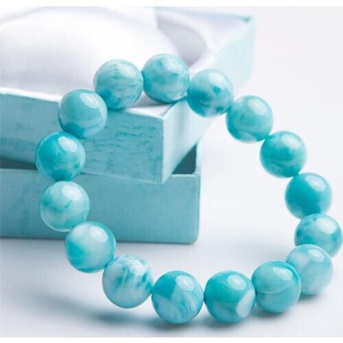13mm Genuine Dominica Natural Blue Larimar Bracelet Gems Crystal Round Bead Fitness Stretch Natural Stone Bracelet Water Pattern