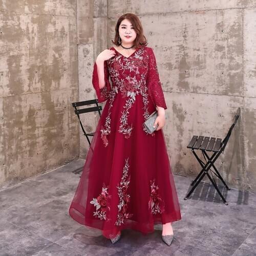 Navy Red Evening Dresses Embroidery Lace Evening Dress Long Sleeve Simple A-Line Plus Size Long Formal Dress Evening Gown D022
