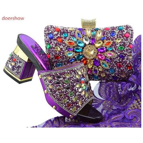 Doershow Women Shoe and Bag To Match for Parties Nigerian purple Shoes and Bag Set for Women High Quality Shoes and Bags SFG1-4