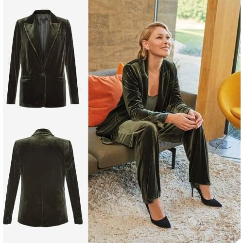 Elegant Velvet Women Suits High Quality Droopy Peaked Lapel Pocket Blazer One Button Causal Daily Jacket 2 Pieces Set