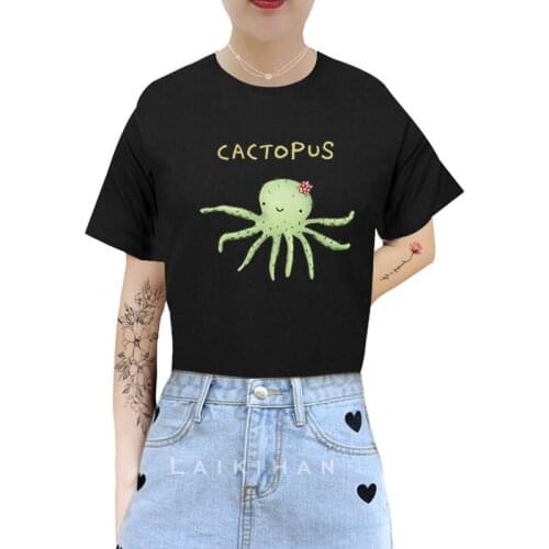 Cactopus print ladies T-shirt ladies casual basis O-collar white shirt short sleeve ladies T-shirt octopus graphic printing