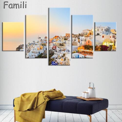 5 Piece Hot Sell Modern Wall Painting Art Picture Paint on Canvas Prints The classic beauty of the Greek island of Santorini