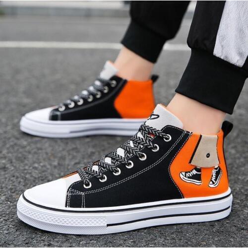 Black and Orange Mens Casual Canvas Shoes Fashion High Top Unisex Casual Sneakers Breathable Printed Flat Shoes for Couple