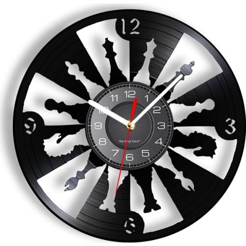 Game of Chess Decorative Wall Clock International Chess Pieces For Game Room Decor Modern Design Vinyl Record Retro Timepieces
