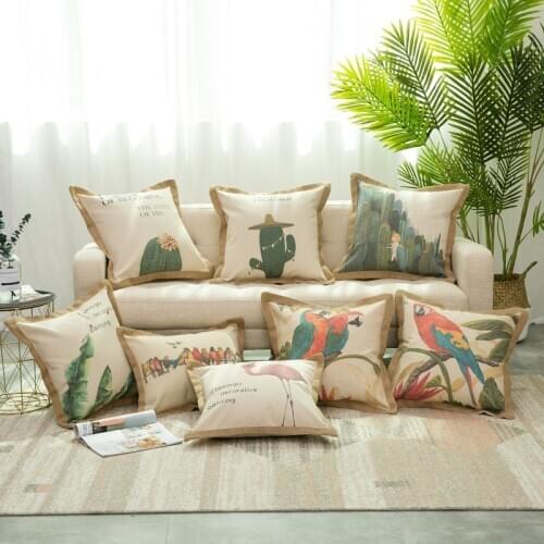 50x50/40x50cm Retro cotton linen plants printed cushion cover parrot pillowcase jute frill pillow covers for backrest