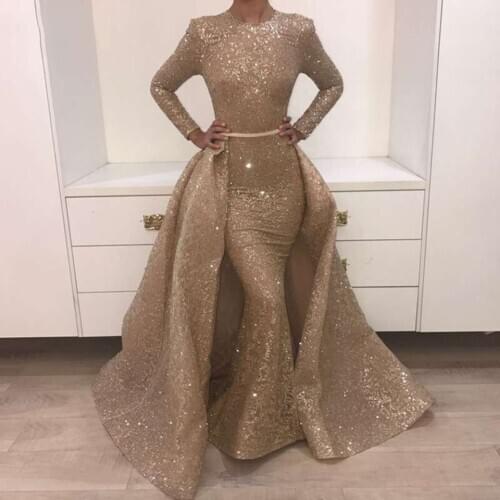 Arabic Gold Prom Dresses 2019 With Detachable Train O Neck Long Sleeves Sequined Fabric Formal Evening Dresses Plus Size DP0086