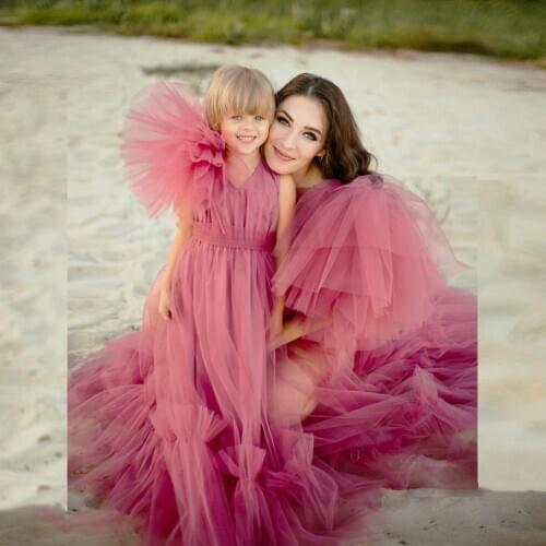 One Shoulder Sheer See Through Ruffle Tulle Dress Robe for Pregnant Mother And Ruffled Skirt Dress for Kids Mommy & Me Wear