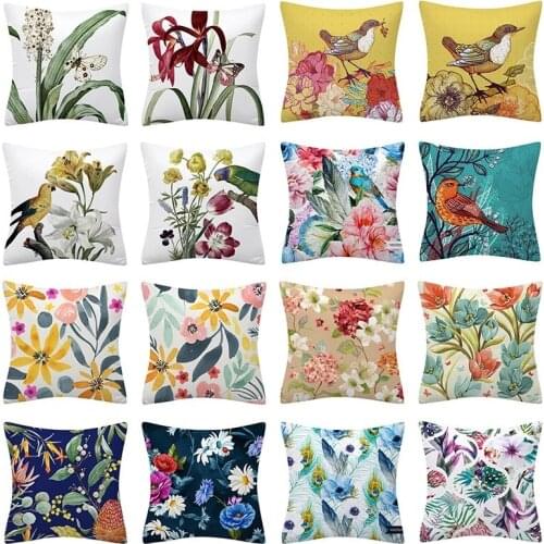 Color Plants Floral Polyester Cushion Cover 45X45 Flowers Bird Print Pattern Decorative Pillowcases Sofa Cushions Pastoral Style