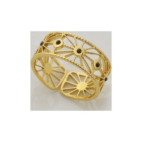 Adjustable Gold Metal Stainless Steel Rings Hollow Out Star With Black Crystal Womens Rings Jewelry Party Gift Wholesale