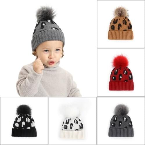 New Leopard Kids Beanie Boy Girl Winter Wool Hat Real Fur Pompom Caps Warm Knitted Mom and Baby Hat Children Adult Beanies Cap