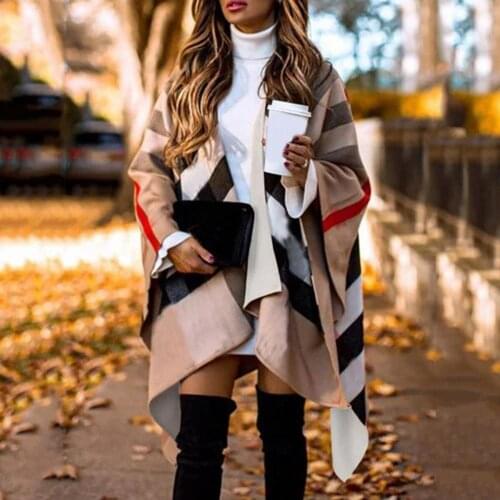 HOT SALES！！！New Arrival Autumn Winter Women Fashion Batwing Sleeve Coat Plaid Stripes Poncho Scarf Shawl Wholesale Dropshipping
