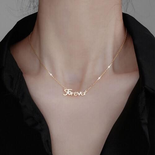 YPAY 100% Genuine 925 Sterling Silver Link Chain Necklaces for Women Ladies INS Zircon Forever Letters Pendant Necklace YMN213