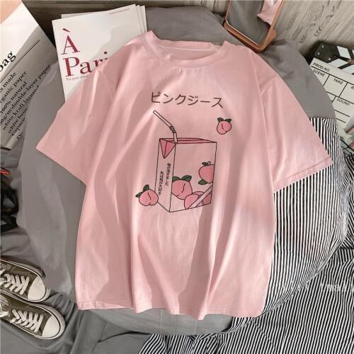 Cartoon Sweet Peach Juice Japan Aesthetic Grunge T-Shirt Women Harajuku Cute Kawaii pink Summer Casual Tumblr casual Fashion Top