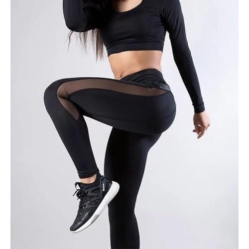 Ladies Workout Wear Yoga Pants Women Sexy Mesh PU Stitching Fitness Tights High Waist Pants female Hip Tights Leggings