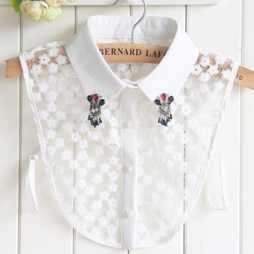 Women Half Shirt Denim Cotton Chiffon Detachable Fake Collar Blouse Tops Lady Cardigan Rhinestone Hollow Lace Lapel False Collar
