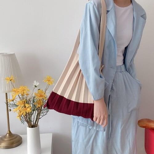 Antipilling Knitted Fabric Women Shoulder Bag Color Blocking Pleated Bags Woolen Cloth Handbag Foldable Strapped Tote For Ladies
