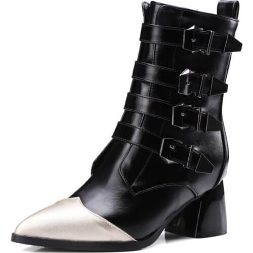 2021 New Fashion Boots Women Autumn Winter Belt Buckle Botas Mujer Pointed Toe Chunky Heels Ankle Boots Ladies Shoes WSH4149