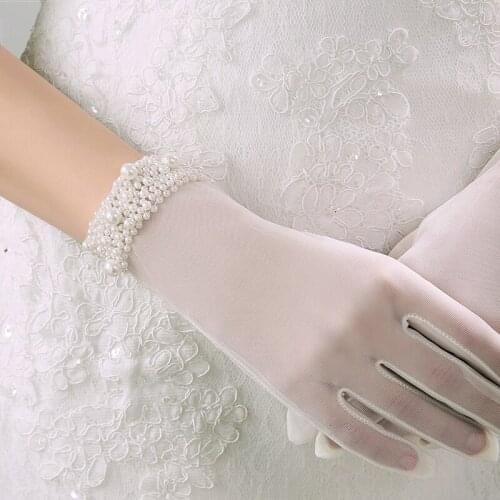 Women Lace Gloves Pearls Ultra-Thin Short Style Elegant Female White Mesh Transparent Glove Party Opera Gloves