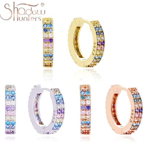 SHADOWHUNTERS 925 Sterling Silver Double Rows Zircon Huggie Hoop Earrings Trendy Colorful Earrings Women Jewelry Silver Piercing