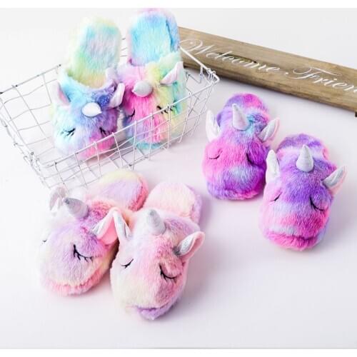 Winter Plush Unicorn Pajamas Slippers Pink Blue Baby Girl Slippers Kigurumi Pajamas Shoes Teen Boys Adults Animal Cosplay Casual