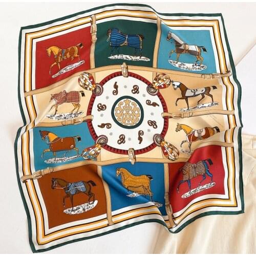 100% Pure Silk Scarf Women Horse Circle Print Square Foulards Small Neckerchief Female Bandana Hijabs Head Scarves Wraps 53CM
