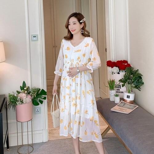 382# Maternity Clothes Summer Chiffon Floral Dress V Neck Short Sleeves Easy Matching Loose Dress Pregnant Women Mom Dress