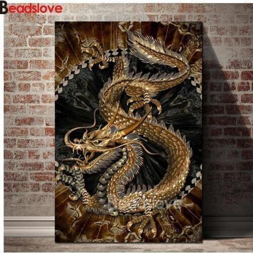 Diamond embroidery Chinese golden dragon wall art 5D DIY full diamond painting square round drill 3d rhinestone mosaic
