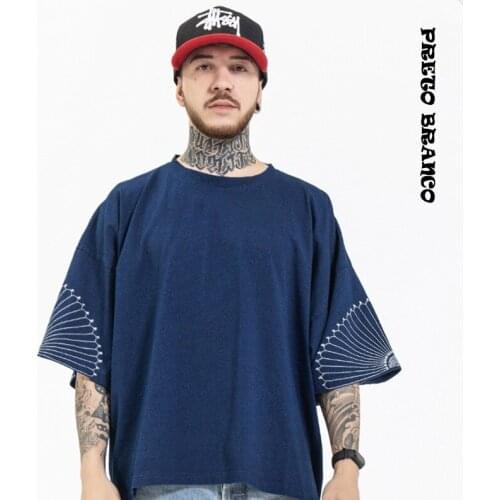 PRETO BRANCO Tee For Men/Women Blue Hirata Embroidered Pattern Short Sleeve Hip Hop Loose Vibe Style High Street T-shirt Large