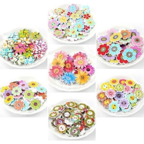 Wooden Scrapbooking Sewing Apparel Accessory Decoration Mixed Flower Painted Buttons Decorative Buttons DIY Crafts 20pcs 20-25mm