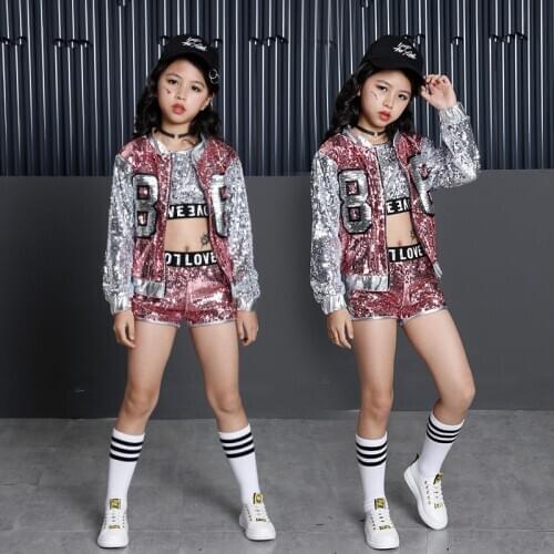 Sequin Kids Dance Clothes Hip Hop Costumes for Girls Ballroom Crop Top Jazz Pant Party Dancing Coat Dancewear Performance Shows