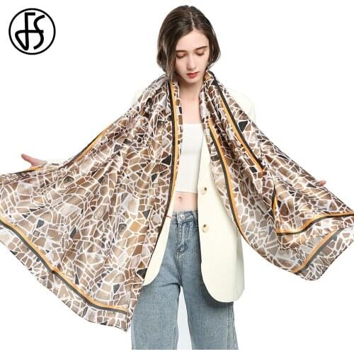 FS 2021 Autumn Winter Luxury Khaki Gray Thin Silk Scarf Shawl Geometric Satin Hijab For Women Elegant Formal Echarpe Femme