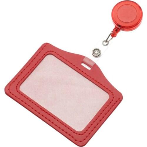 Horizontal Style PU Name ID Badge Holder with Retractable Badge Reel Staff Work Card Holder Badge Clip Office School Supplies