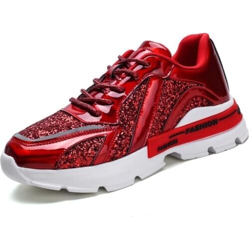 Womens Chunky Sneakers Fashion Women Platform Shoes Bling Sequined Lace-Up Vulcanize Shoes Female Trainers Dad Shoes